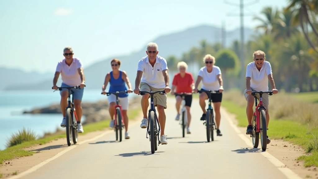 Grupo de jubilados disfrutando de una salida en bicicleta por la ciclovía plana del Condado