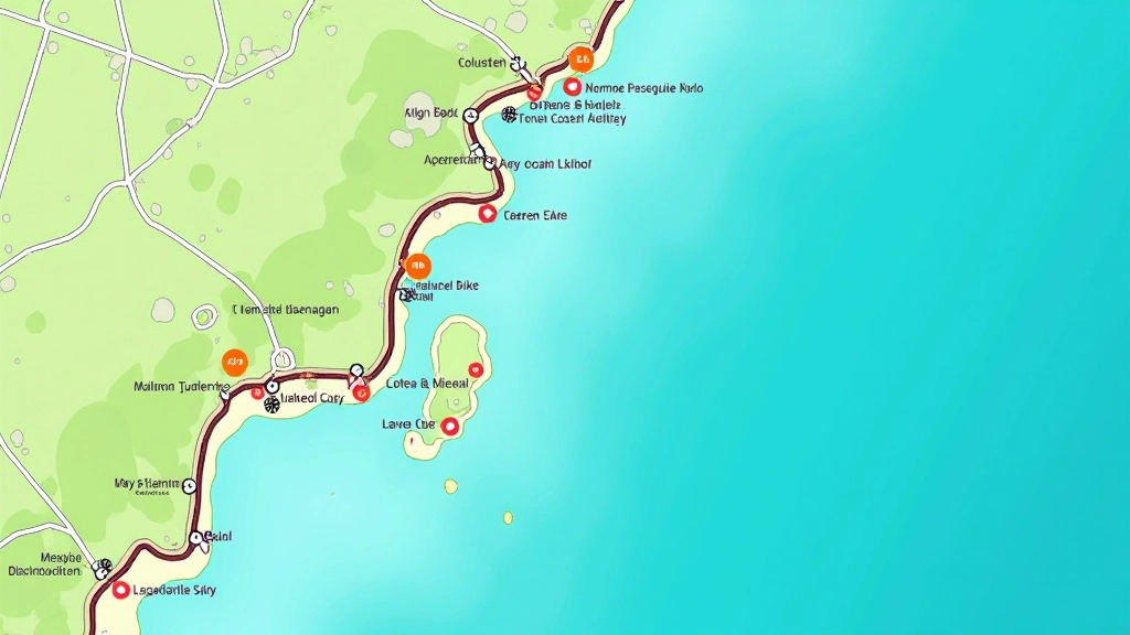 Mapa esquemático de la Ruta del Condado mostrando puntos de entrada, paradas y distancias en kilómetros