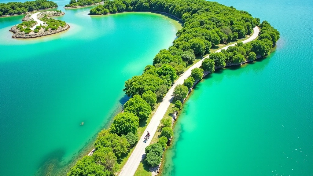 Vista aérea de la Ruta del Condado mostrando el camino plano alrededor de la laguna con vegetación tropical a ambos lados