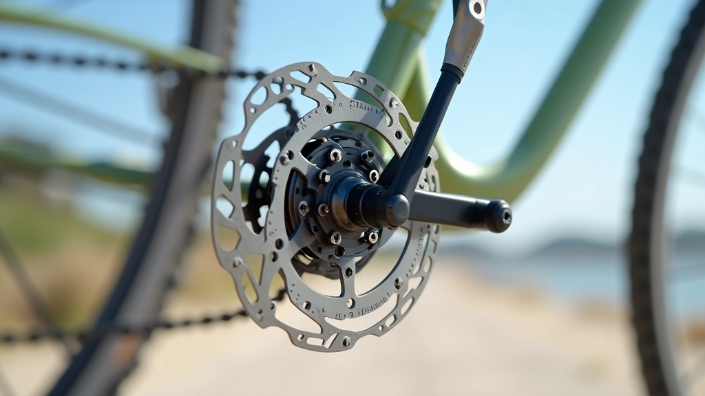 Detalle de sistema de frenos de disco en bicicleta, primer plano de la rueda y mecanismo de frenado