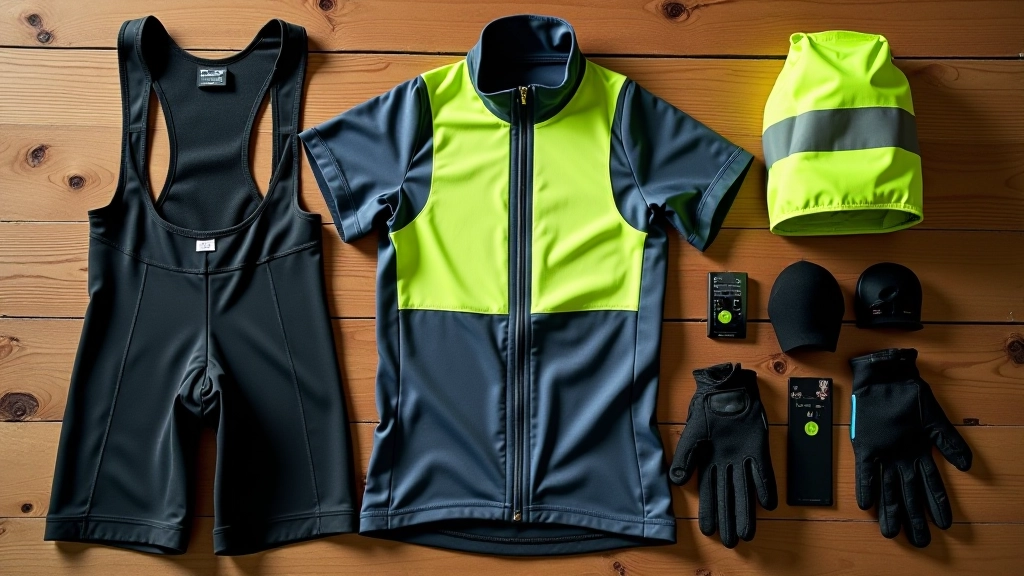 Ropa y accesorios apropiados para ciclismo: shorts acolchados, camiseta de tejido transpirable, chaleco reflectante y guantes