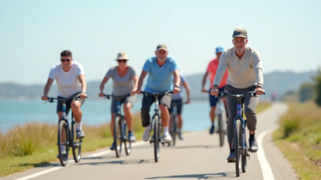 Grupo de jubilados en bicicleta sonriendo, ciclovía plana junto al agua, clima soleado