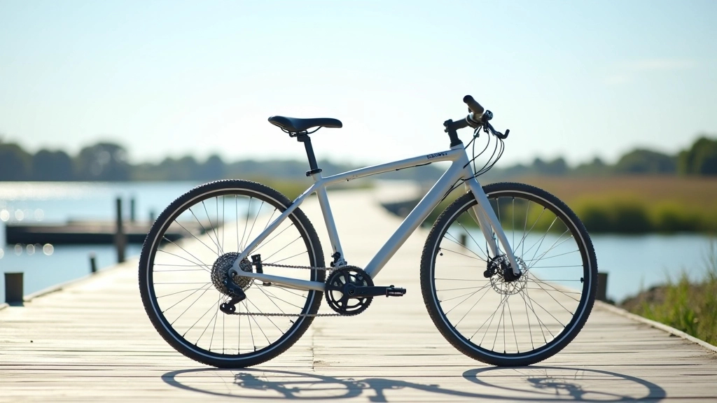 Bicicleta moderna de paseo estacionada en un malecón frente al agua