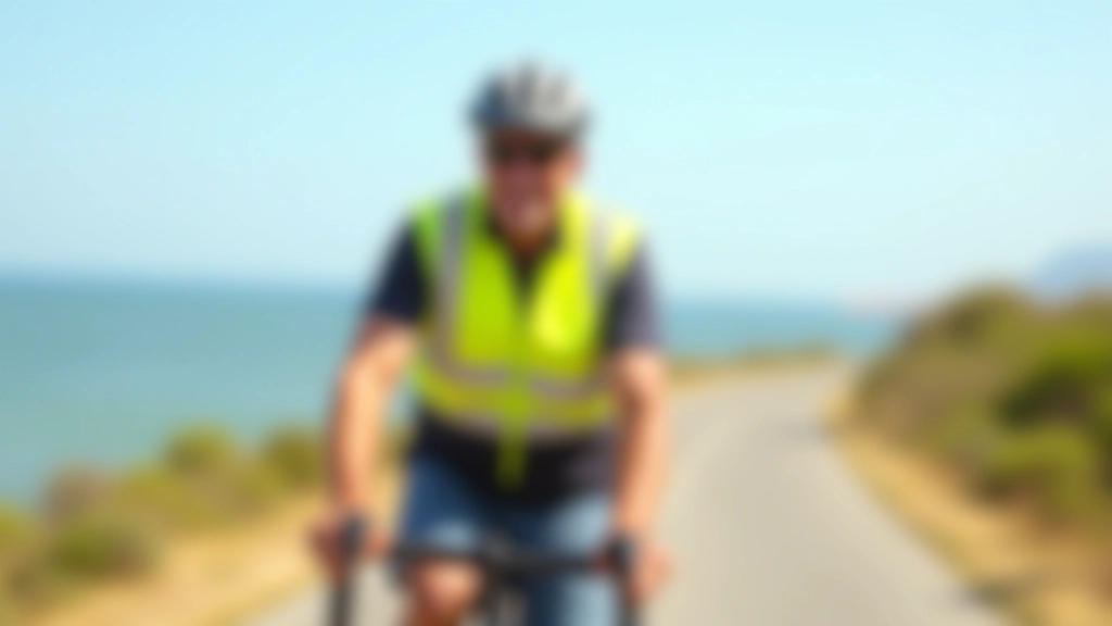 Ciclista adulto mayor equipado con casco y chaleco reflectante en una ciclovía costera, día soleado