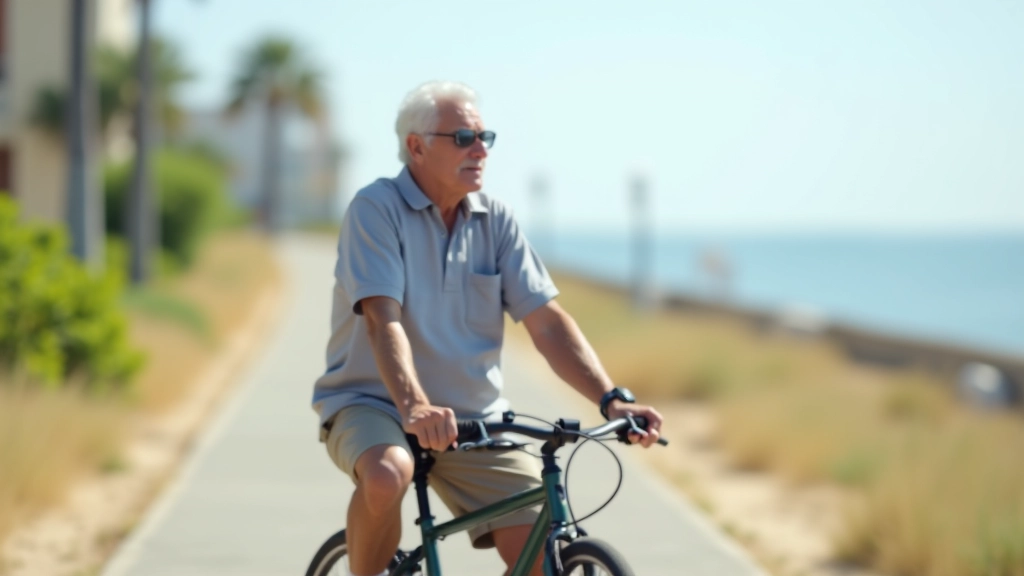 Ciclista adulto mayor sentado en asiento ergonómico de bicicleta, vista lateral, zona costera