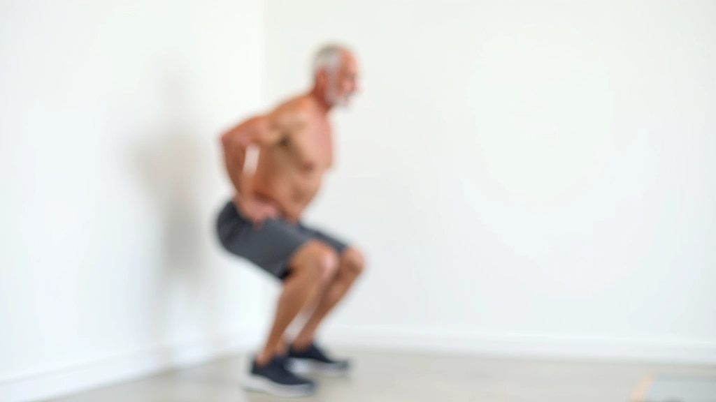 Hombre mayor haciendo ejercicio de sentadilla de pared con buena forma, pared blanca de fondo