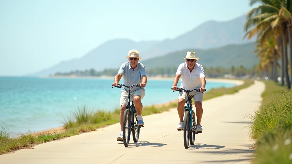 Pareja de jubilados en bicicleta sobre camino pavimentado junto a agua tranquila
